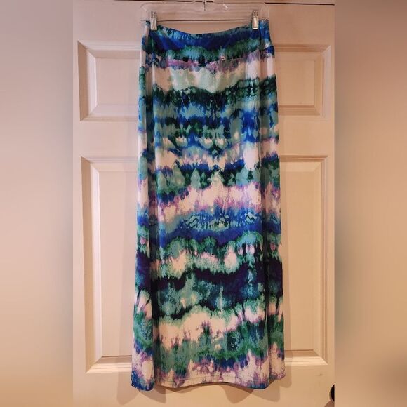 Cato colorful tie dye stretchy pull on maxi skirt with side slit S - Picture 1 of 5